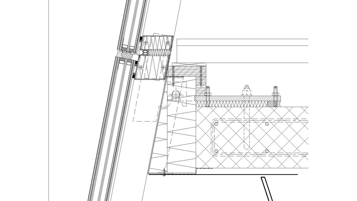Vertikalschnitt, unten nach aussen verlaufend. Die vertikalen Pfostenprofile sind aus Aluminium, die horizontalen Riegel (im Bild) aus Stahl gefertigt.