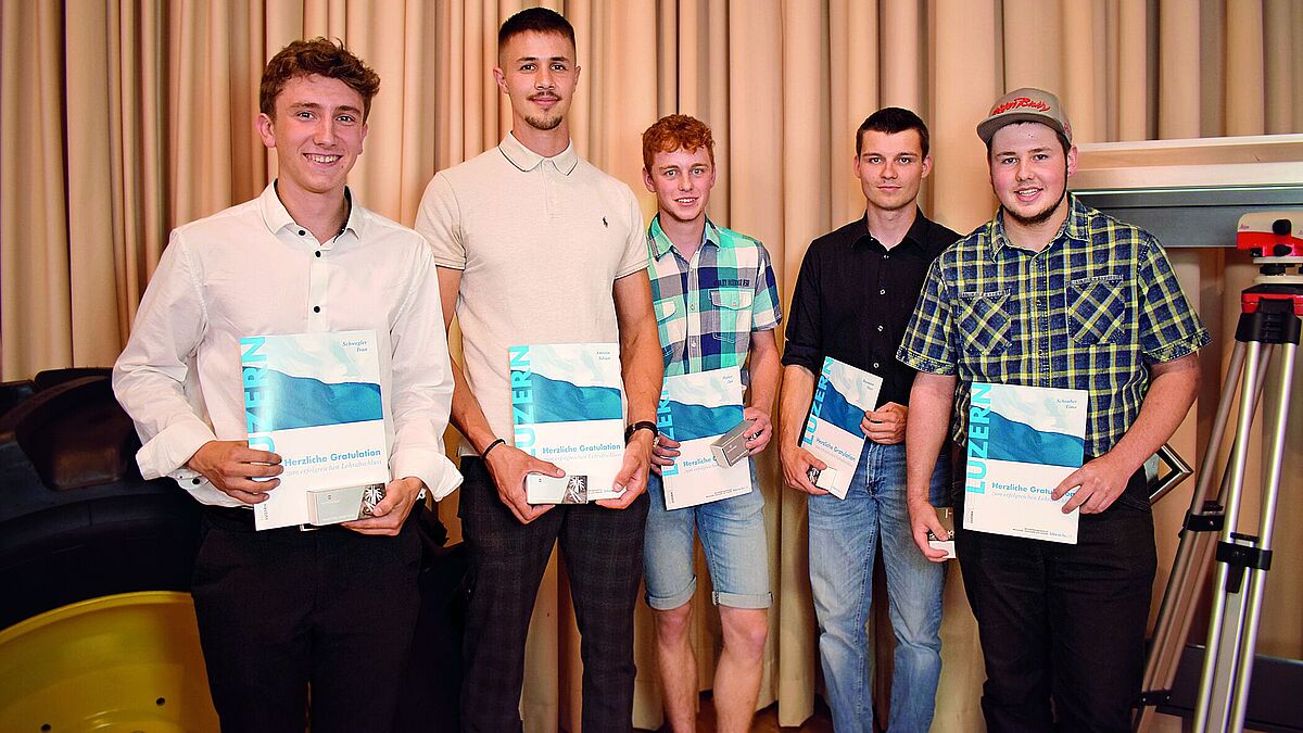 v.l.n.r.: Ivan Schwegler (Metallbauer EFZ), Silvan Amrein (Metallbauer EFZ), Jan Halter (Baumaschinenmechaniker EFZ), Marc Baumann (Baumaschinenmechaniker EFZ) und Timo Scheuber (Landmaschinenmechaniker EFZ).