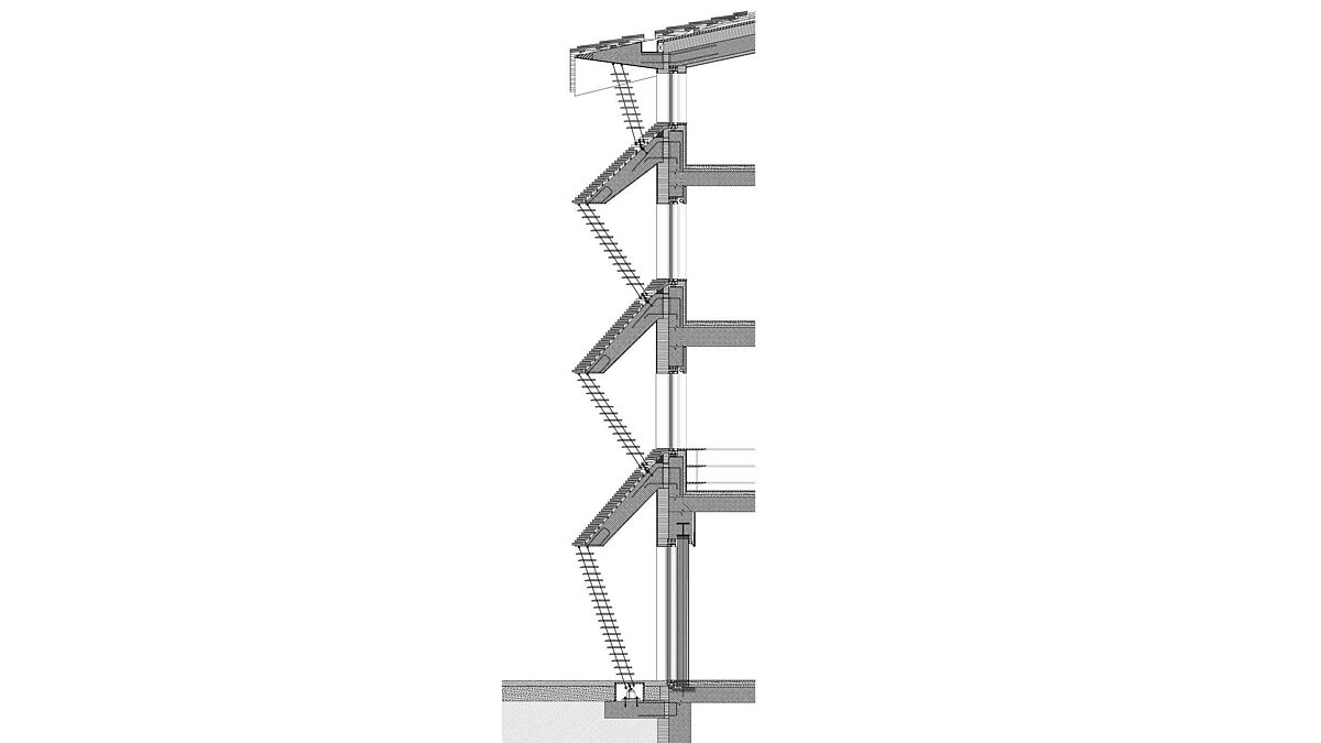 Grafik: Spreiter + Partner, Flims DorfSchematischer Vertikalschnitt durch die Fassade. Die Untersicht am Vorsprung des Hauptdachs ist mit umlaufenden, massiven Stahlblechen belegt. Daran angeschweisst sind die Bolzenösen für die Gabeln der Drahtseile.