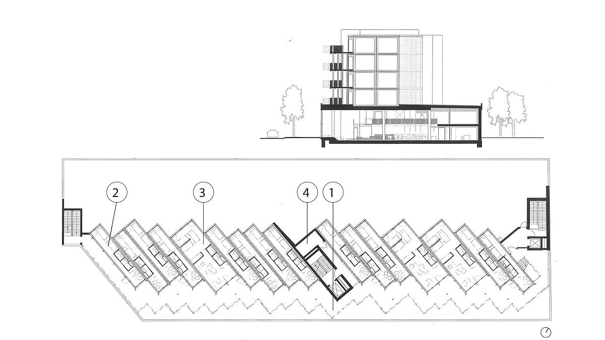 En haut : coupe. En bas, en haut : Plan de masse.1 Passage couvert2 Dortoir de quatre avec deux lits superposés, 25 m 2 3 Dortoir de six avec trois lits superposés, 50 m 2 4 Local de service. 