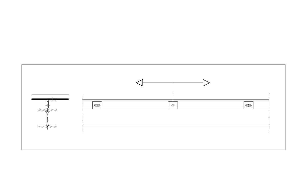 Note de la rédaction :Illustration symbolique – Au centre se trouve le palier fixe mentionné dans le texte. À gauche et à droite, les paliers lisses. Le vissage dans le trou arrondi (au milieu) permet à la construction de se dilater dans la même mesure des deux côtés. La dilatation longitudinale totale est ainsi réduite à deux fois 50 % et est plus facile à contrôler.
