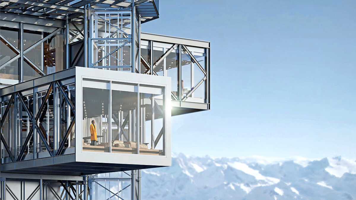 Des baies vitrées à hauteur de pièce avec profilés spéciaux basés sur le système Schüco AWS 90.SI+ (Super Insulation) sont utilisées pour faire face aux conditions climatiques extrêmes de haute montagne. Visualisation : bloomimages