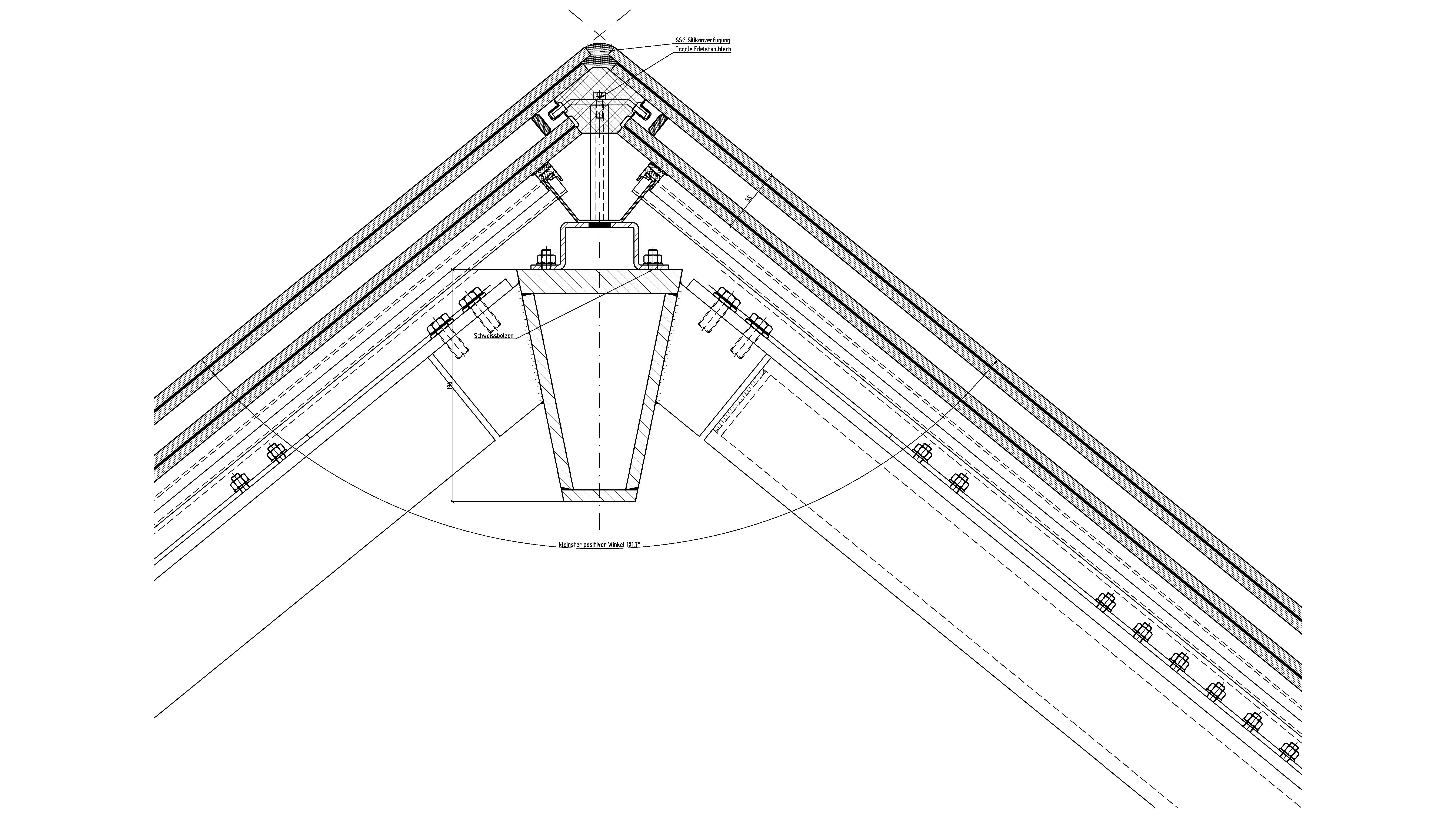 Detailschnitt: Hauptträger mit kleinstem, positivem Winkel.