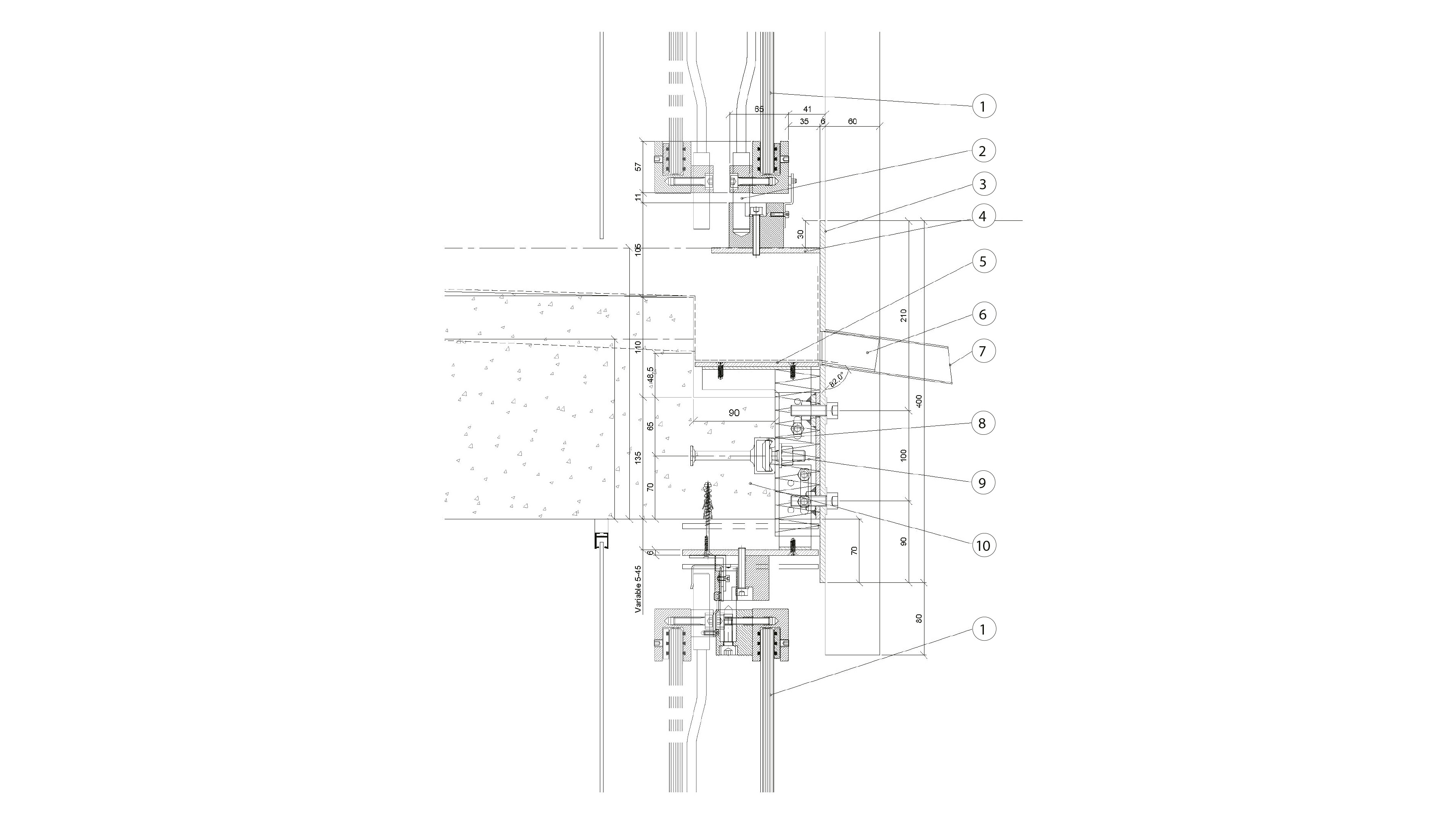 1 Glas 15 mm2 Drehmechanismus3 Boden-Brüstungsblech 400 x 6 mm4 Edelstahlblech 120 x 6, für Auflage Verglasung5 Horizontalblech Inox 136 x 5 mm6 Edelstahlrohrstutzen 46 x 36 x 2 mm7 Speier Rohr 50 x 40 x 1,5 mm8 Halfenschiene 1 Glas 15 mm2 Drehmechanismus3 Boden-Brüstungsblech 400 x 6 mm4 Edelstahlblech 120 x 6, für Auflage Verglasung5 Horizontalblech Inox 136 x 5 mm6 Edelstahlrohrstutzen 46 x 36 x 2 mm7 Speier Rohr 50 x 40 x 1,5 mm8 Halfenschiene HTA-CE 40/22 – 250 mm9 Isolation Typ Flumroc 1,50 mm10 Beton C30/37Grafik: V Contractors SA